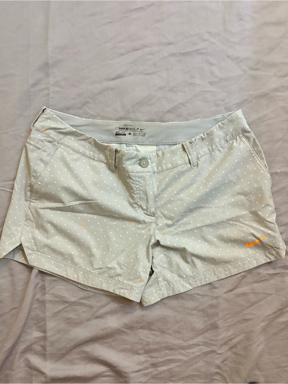 Nike Women's Light Gray Polka Dot Shorts with Orange Swoosh